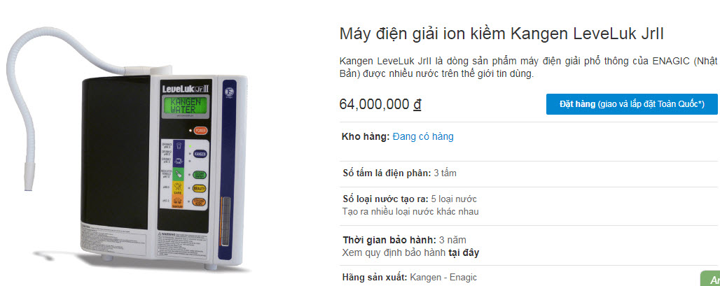 Bảng giá máy điện giải Kangen LeveLuk JrII tại TP Vinh, Nghệ An mới nhất